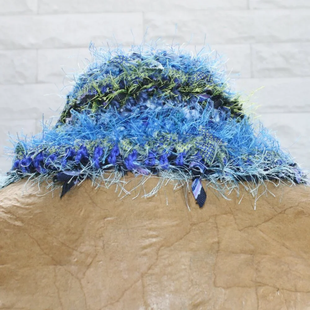 HAND CRAFTED Scarf Upcycled Crochet Infinity Oversized Fuzzy Necktie Blue Stripe